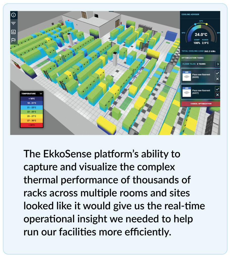 The EkkoSense platform's ability to capture and visualize the complex thermal perfomance of thousands of racks across multiple rooms and sites gave us the real-time operational insight we needed.