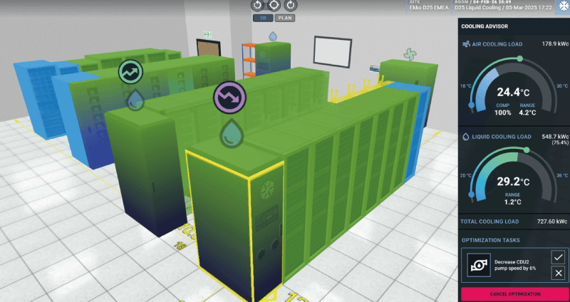 An EkkoSoft screenshot showing visual coding of CRAH & rack relationships.