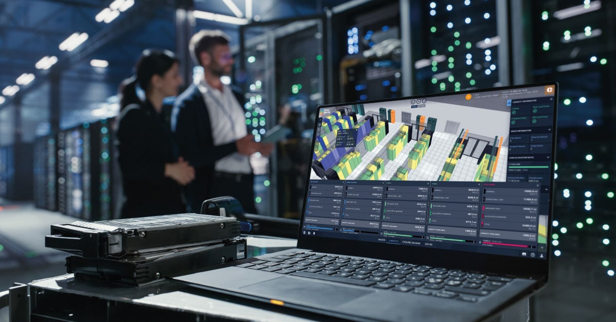 Laptop in a data center showing EkkoSoft Critical data center optimization software