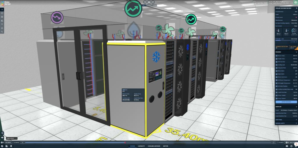 Large liquid cooled data center room in EkkoSoft Critical data center optimization software