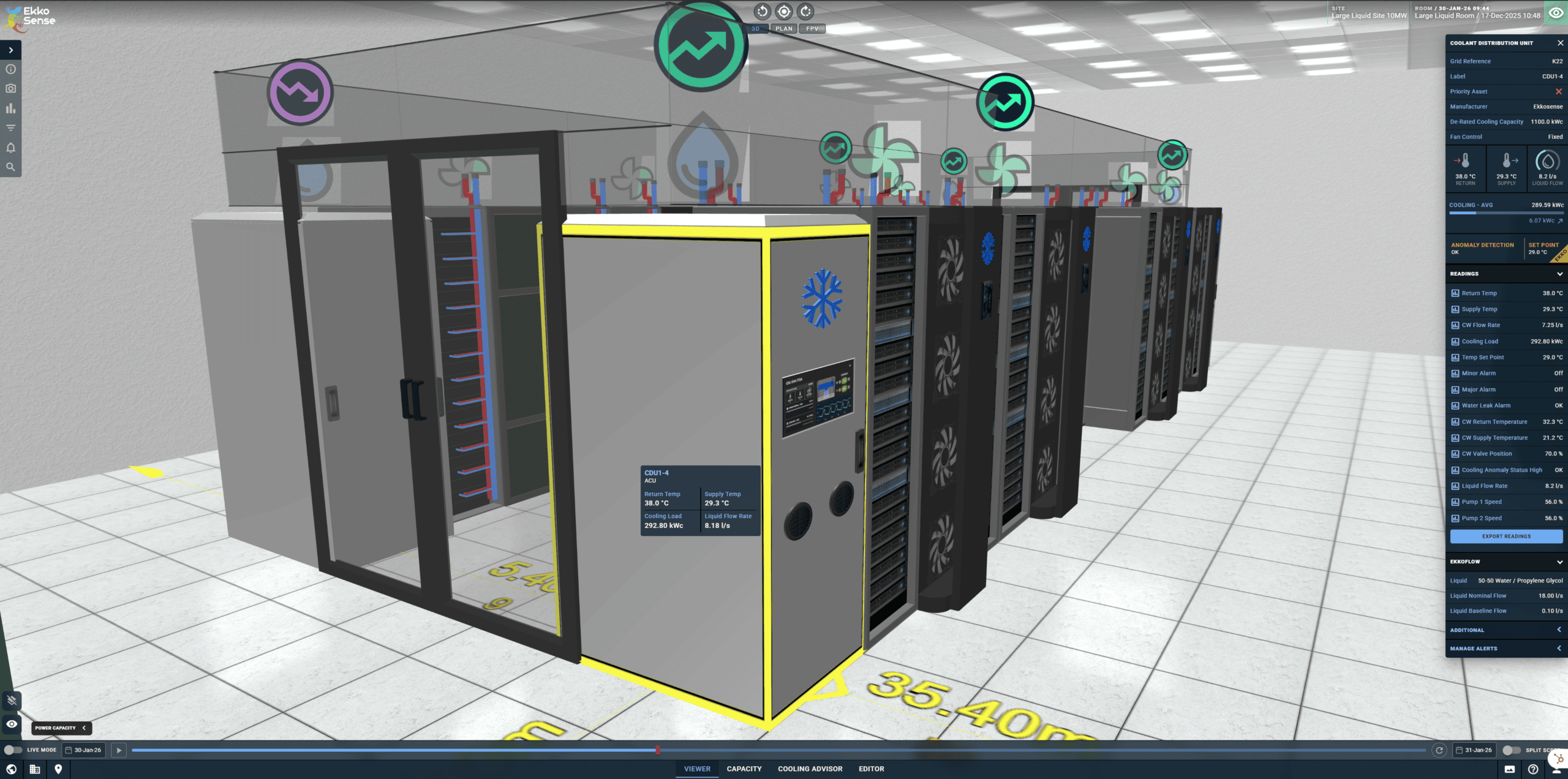 Large liquid cooled data center room in EkkoSoft Critical data center optimization software