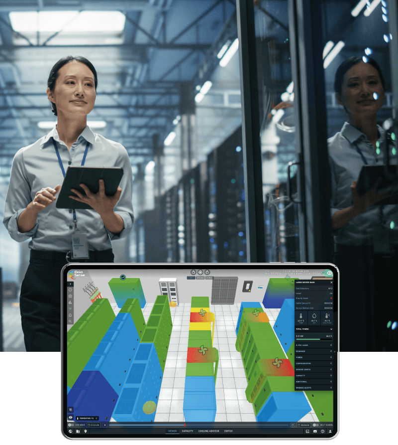 A real data center alongside an EkkoSoft Critical digital twin